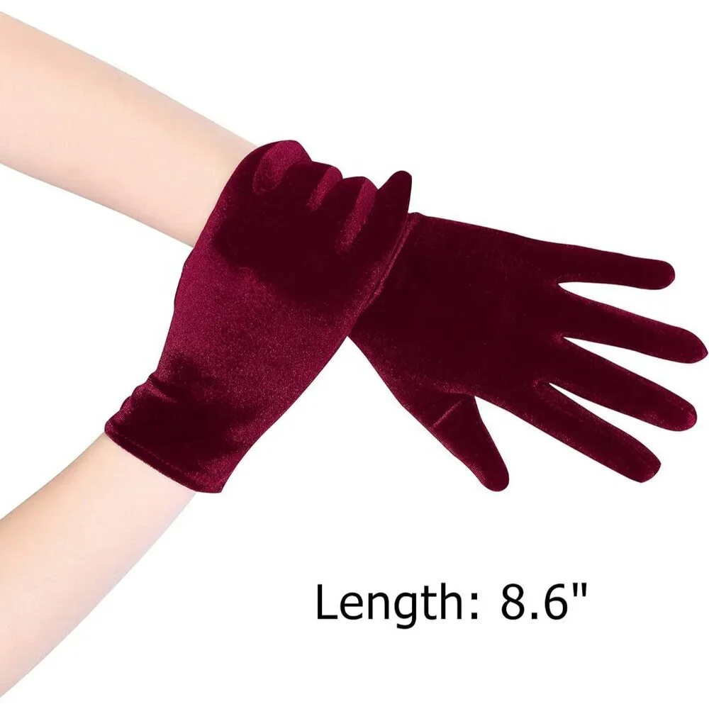 Women's Deep Burgundy Velvet Short Satin Gloves Style Wrist Flapper Banquet